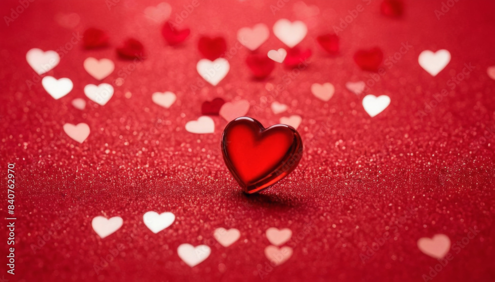Obraz premium A red heart sits on a sparkling red surface surrounded by scattered hearts