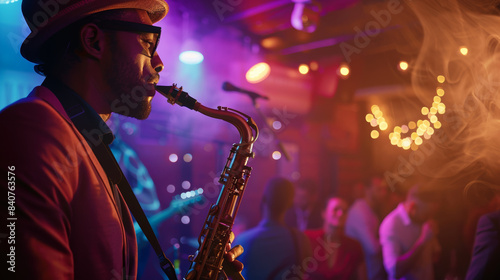 A jazz performer plays the saxophone under warm lighting, engaging with the audience in a vibrant, cozy club setting.