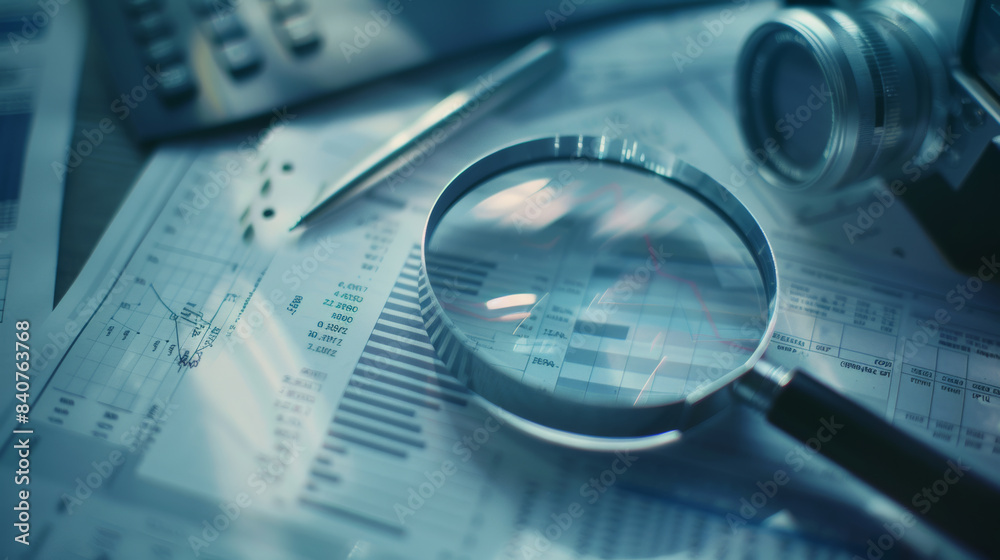 A magnifying glass highlighting a graph on financial documents, surrounded by a pen and calculator, symbolizing thorough financial investigation and analytics. A magnifying glass highlighting a graph on financial documents, surrounded by a pen and calculator, symbolizing thorough financial investigation and analytics.