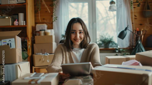 A happy woman sits at a desk filled with shipping boxes, engaging with a tablet in her bright, plant-decorated workspace, emphasizing her passion and productivity.