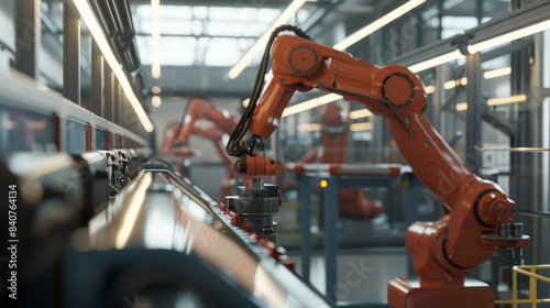 A modern factory floor filled with vibrant, orange robotic arms working in unison on a precise assembly line, illuminated by bright, systematic lighting.