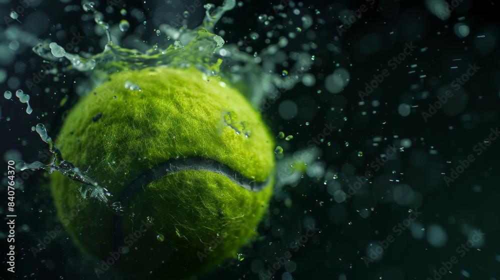 A close-up of a vibrant tennis ball splashing into water, capturing the energetic impact in dramatic detail and clarity.