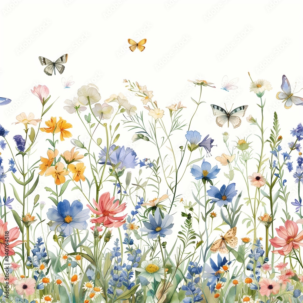 Watercolor painting of a seamless floral pattern with butterflies