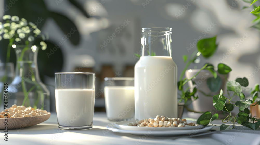 Fresh milk and peanuts on a table with soft lighting, evoking a rustic and wholesome ambiance in a cozy kitchen setting. Fresh milk and peanuts on a table with soft lighting, evoking a rustic and wholesome ambiance in a cozy kitchen setting.