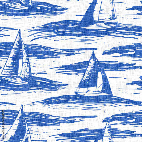Coastal sail boat in azure ocean blue seamless background. Modern sailing race boat block print for decorative coast interior furnishing fabric for rustic linen beach cottage trend. 