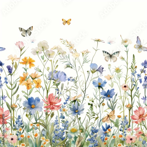 Watercolor painting of a seamless floral pattern with butterflies