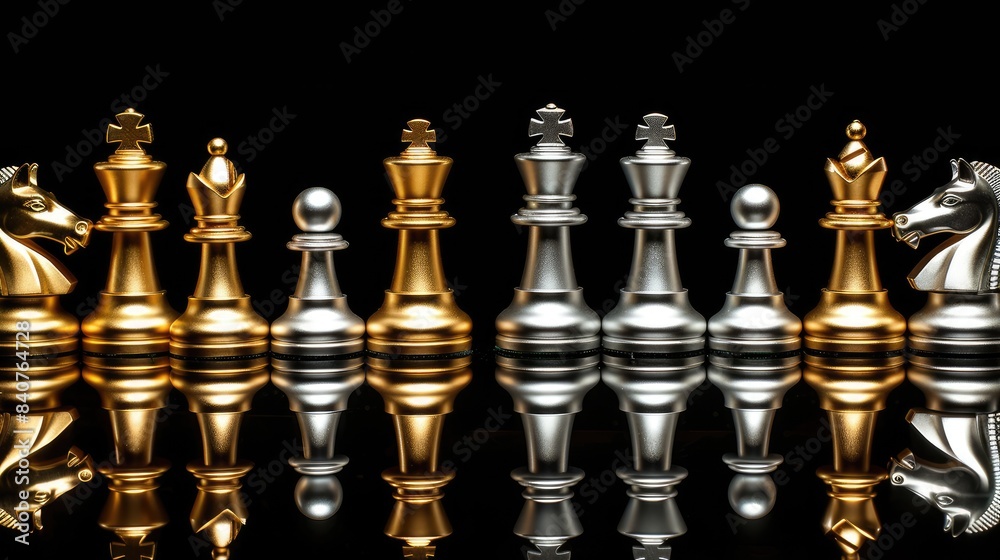 gold and silver chess pieces poised on a sleek black background, symbolizing business competition, while offering ample copy space for text to convey the essence of corporate strategy and triumph.