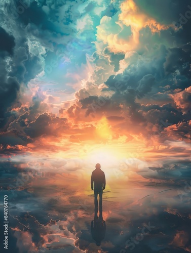Silhouette of alone person looking at heaven. Lonely man standing in fantasy landscape with shining cloudy sky. Meditation and spiritual life hyper realistic 