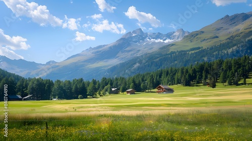 The scenic beauty of the Engadine Valley in summer, with rolling green hills, traditional Swiss chalets, and clear blue skies, 8k. photo