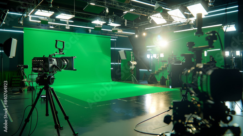 A professional studio setup with cameras and lights focuses on a green screen, ready for a production shoot. photo