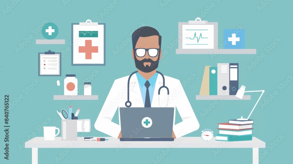 Doctor Using Laptop in Modern Office with Medical Books and Equipment for Healthcare Design Doctor Using Laptop in Modern Office with Medical Books and Equipment for Healthcare Design