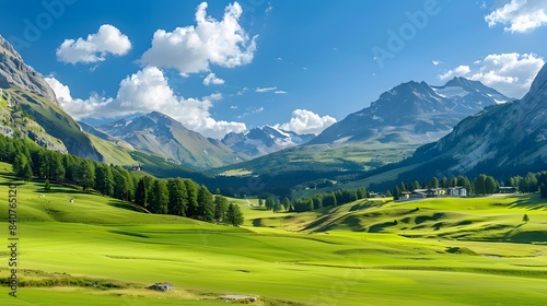 The scenic beauty of the Engadine Valley in summer, with rolling green hills, traditional Swiss chalets, and clear blue skies, 8k.