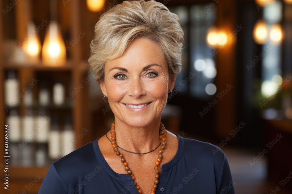Elegant mature smiling woman with blonde hair, wearing a blue shirt in a professional setting