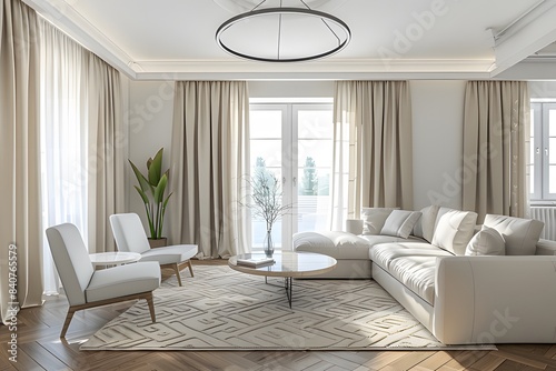 A bright living room with a white sofa  chairs and coffee table in the style of scandinavian interior design for a modern home ai generative