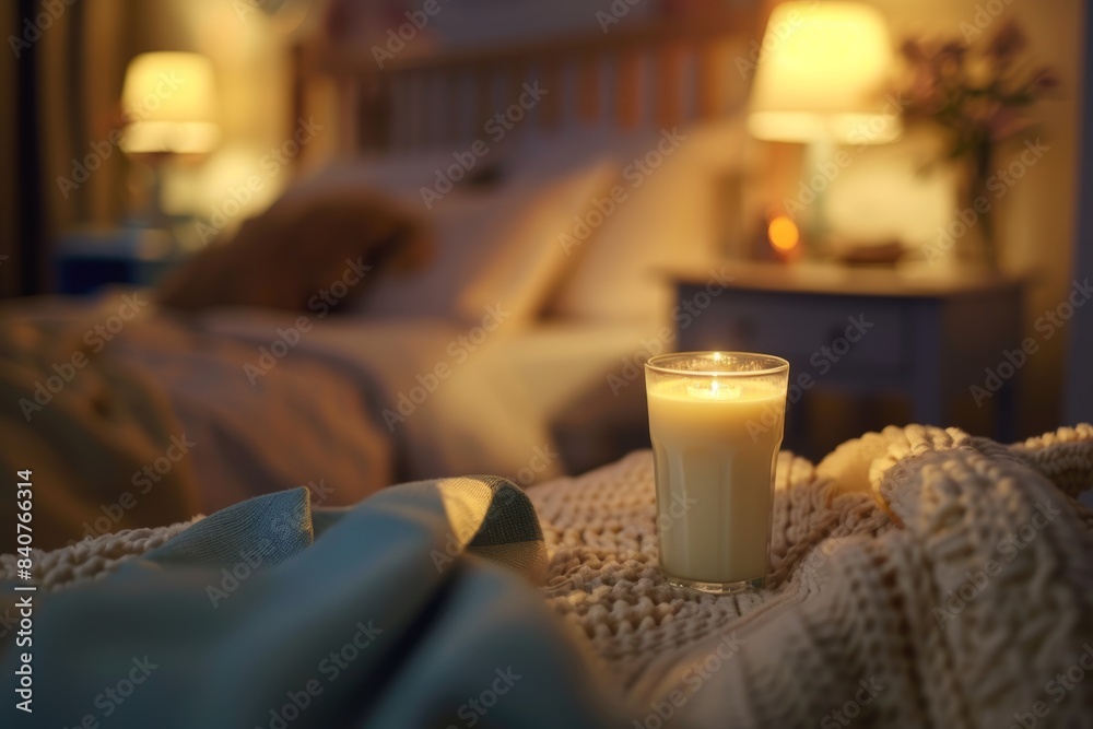 Dreamy Bedtime Scene with Warm Milk on Nightstand in Cozy Bedroom Setting Dreamy Bedtime Scene with Warm Milk on Nightstand in Cozy Bedroom Setting