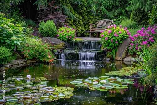 Tranquil Garden Pond with Water Lilies, Waterfall, and Blooming Flowers for Relaxation Design