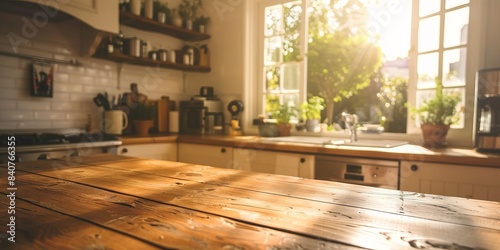 Wooden countertop in the kitchen, positioned by a window that overlooks the surrounding space. photo