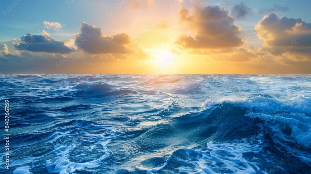 deep blue pacific ocean waves at sunrise, website banner and background deep blue pacific ocean waves at sunrise, website banner and background