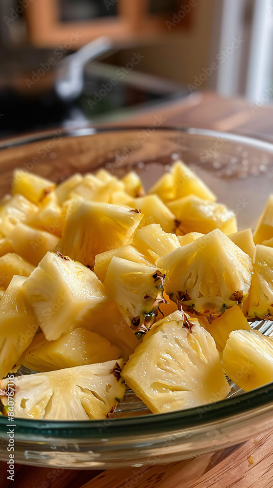 Sliced Pineapple in a Large Glass Bowl: Fresh and Transparent Sliced Pineapple in a Large Glass Bowl: Fresh and Transparent