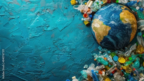 Earth globe on painted ocean with plastics