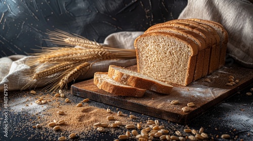 Sliced bread with wheat grains and wheat ear in studio settings.