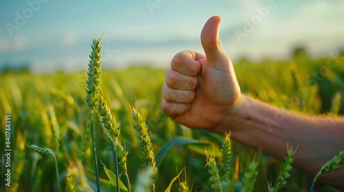 Male farmer with thumbs up gesture in green young wheat field.
