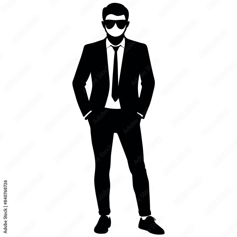 A business man stand with sun glass vector silhouette, isolated white background A business man stand with sun glass vector silhouette, isolated white background