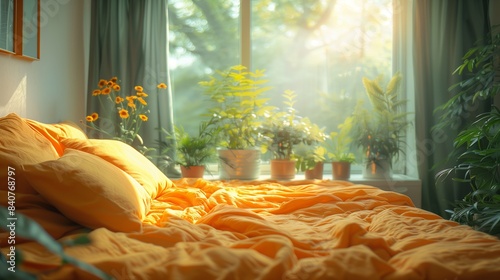 A Bed With Yellow Sheets and Pillows in a Room