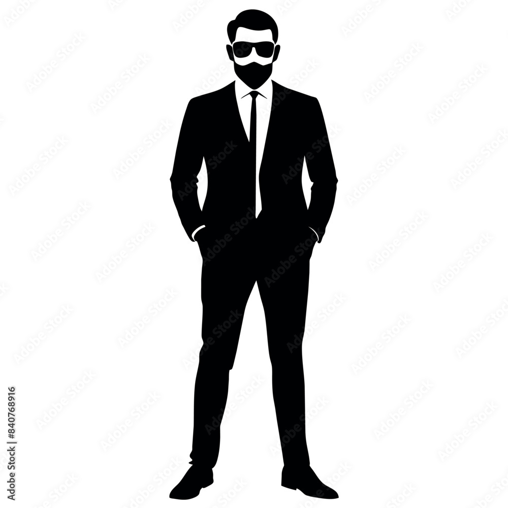 A business man stand with sun glass vector silhouette, isolated white background A business man stand with sun glass vector silhouette, isolated white background