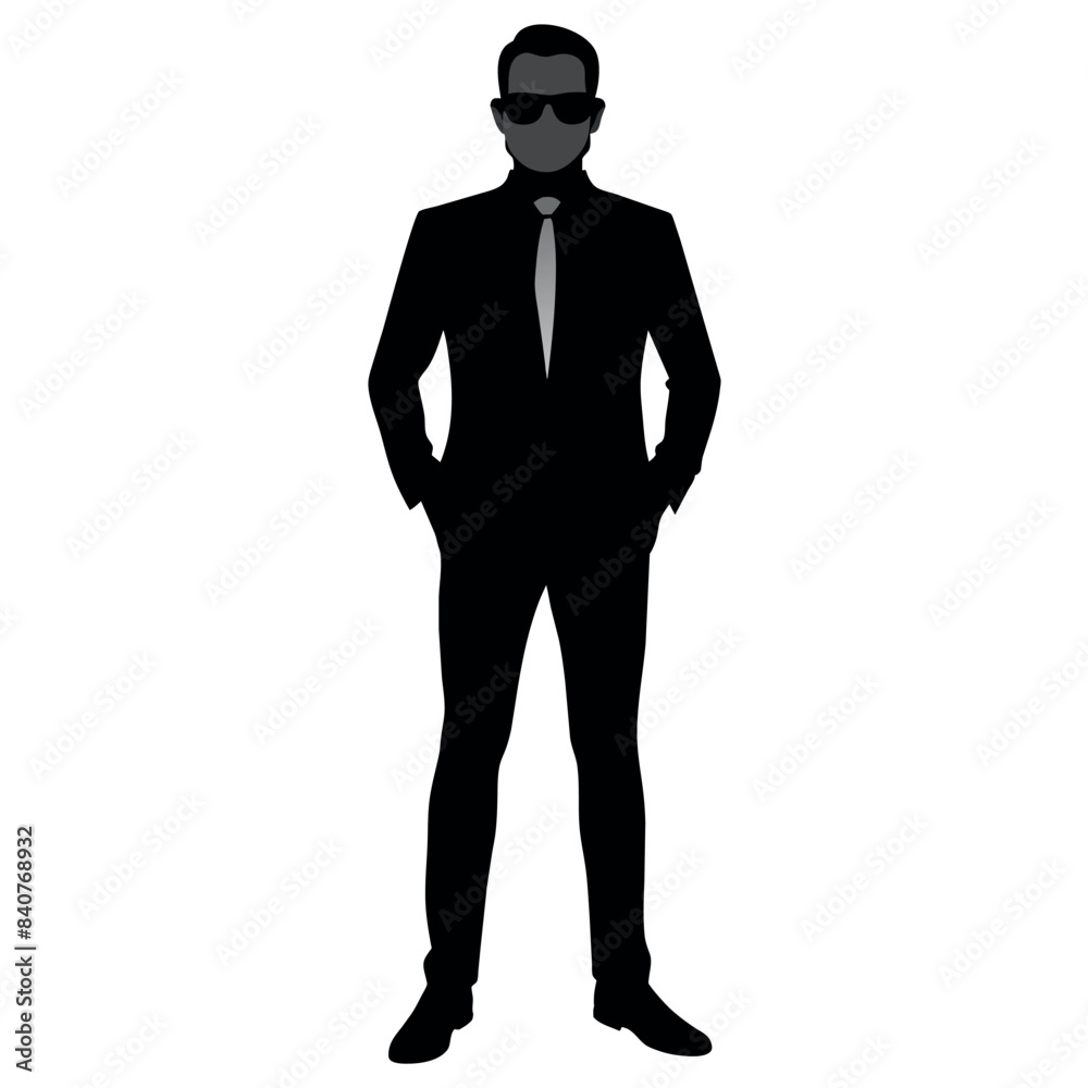 A business man stand with sun glass vector silhouette, isolated white background A business man stand with sun glass vector silhouette, isolated white background
