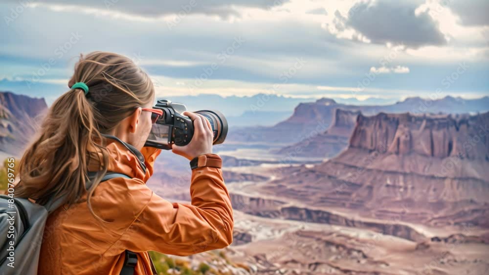 A woman stands at the edge of the Grand Canyon, photographing the vast landscape with her camera, A student photographing a beautiful landscape during a photography class field trip A woman stands at the edge of the Grand Canyon, photographing the vast landscape with her camera, A student photographing a beautiful landscape during a photography class field trip