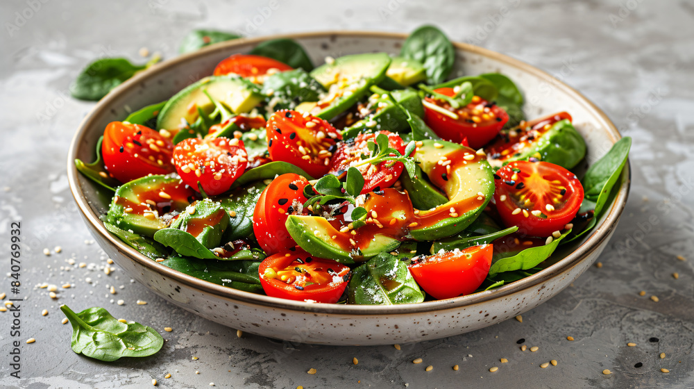 Fresh Spinach Salad: Avocado Dices, Halved Tomatoes, Seed Dressing Fresh Spinach Salad: Avocado Dices, Halved Tomatoes, Seed Dressing