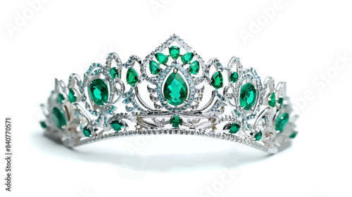 white gold tiara with green emeralds isolated on white background