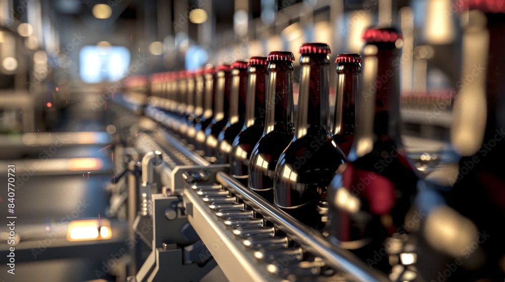 Beer bottle filling line with red wine bottles on conveyor belts in a beer factory, minimalistic design, photorealistic, showcasing the food industry process Beer bottle filling line with red wine bottles on conveyor belts in a beer factory, minimalistic design, photorealistic, showcasing the food industry process
