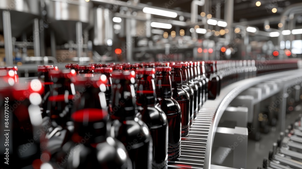 Beer bottle filling line with red wine bottles on conveyor belts in a beer factory, minimalistic design, photorealistic, showcasing the food industry process