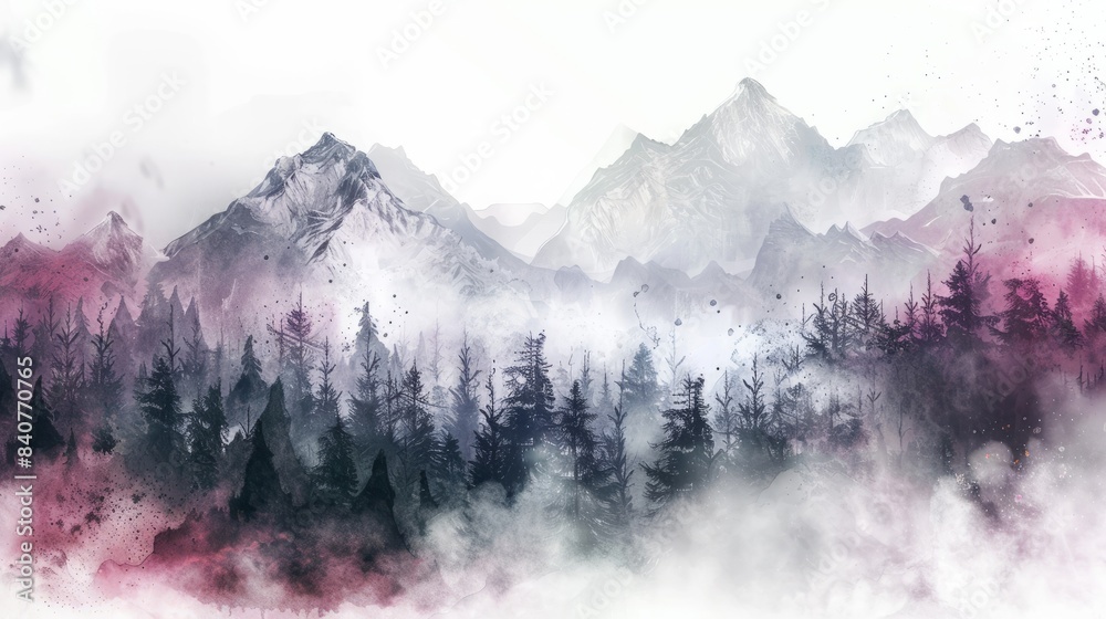 Obraz premium A beautiful fantasy landscape on a white background. Mountains, trees, fog. Watercolor painting. Abstract intricate splashes of paint on a white background. Generative AI. hyper realistic 