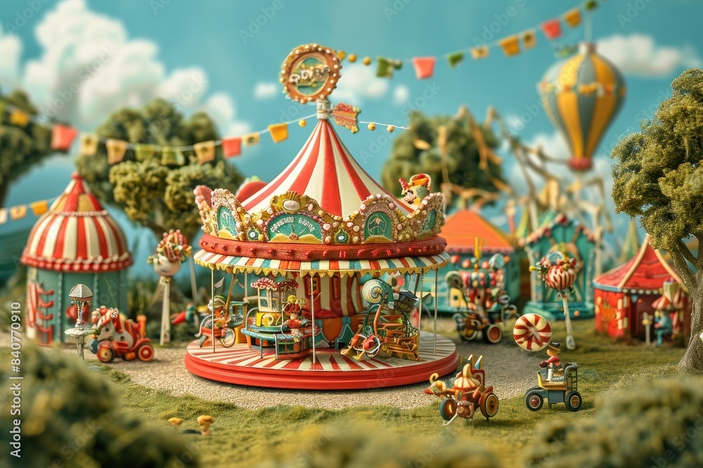 Fototapeta premium Colorful vintage carousel, Whimsical carousel carnival scene