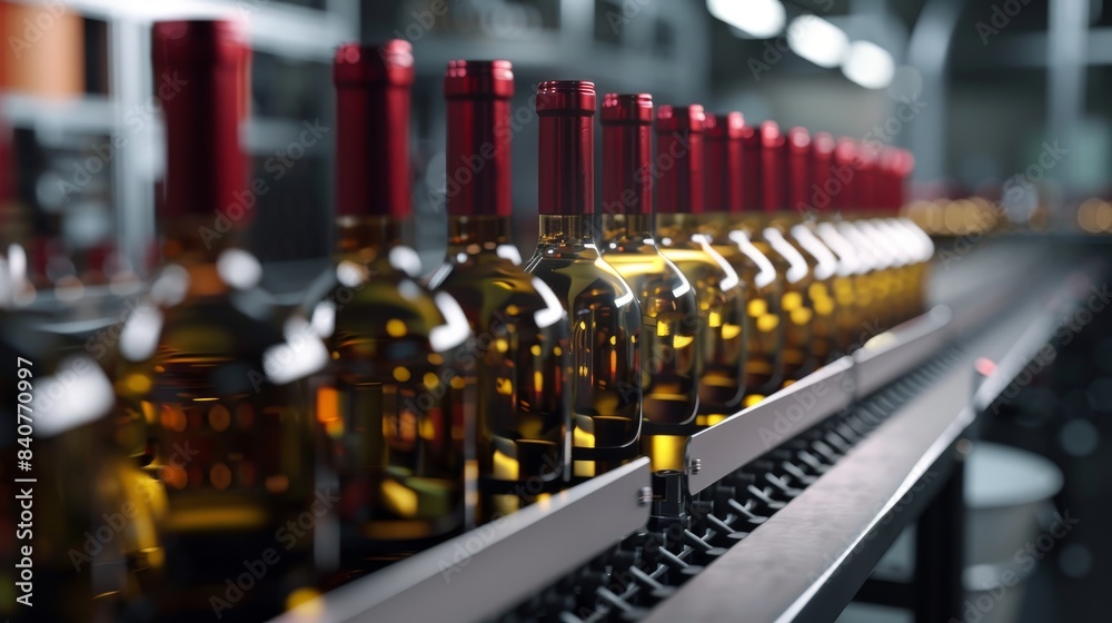 Close-up of white wine bottle filling line and red wine bottles on conveyor belts, minimalistic design, photorealistic detail in a wine factory Close-up of white wine bottle filling line and red wine bottles on conveyor belts, minimalistic design, photorealistic detail in a wine factory
