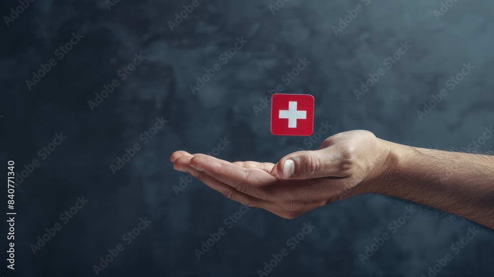 A hand holds a plus icon for medical care, indicating advantages. Health insurance health concept featuring access to welfare health and room for content. hyper realistic A hand holds a plus icon for medical care, indicating advantages. Health insurance health concept featuring access to welfare health and room for content. hyper realistic