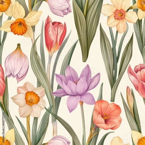 Seamless Pattern of Watercolor Spring Flowers for Easter Celebrations - Design for Print  Card  Poster