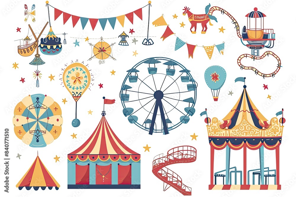 Colorful carnival illustrations, Whimsically illustrated carnival elements, including a ferris wheel, roller coaster, and banners, against a clear white backdrop Colorful carnival illustrations, Whimsically illustrated carnival elements, including a ferris wheel, roller coaster, and banners, against a clear white backdrop