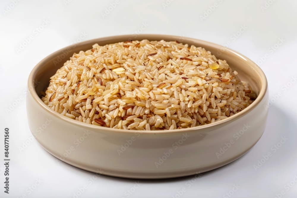 Perfectly Cooked Baked Brown Rice with Delicate Golden Crust in Ceramic Bowl Perfectly Cooked Baked Brown Rice with Delicate Golden Crust in Ceramic Bowl