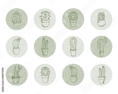 Set of round icons with contour cacti. Decor elements, templates, vector