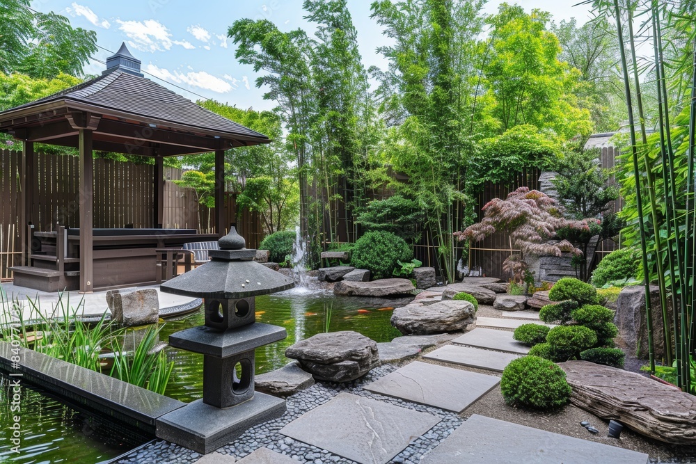 Fototapeta premium Tranquil Japanese Zen Garden with Bamboo Grove, Koi Pond, and Stone Lanterns for Peaceful Retreat