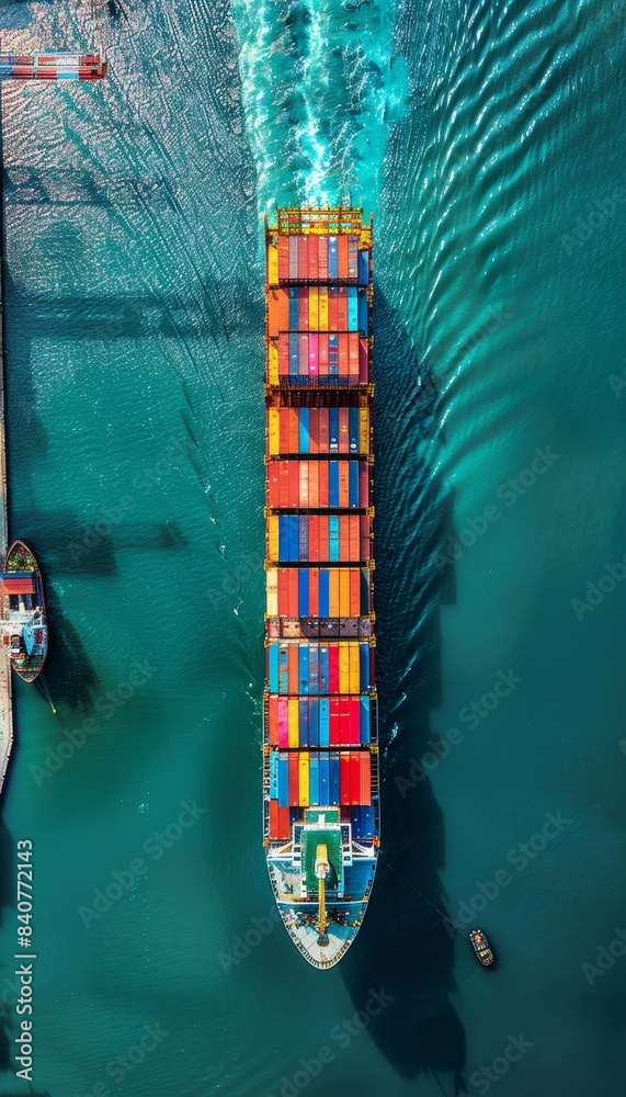 Container ship loading at industrial port for import/export logistics and transportation by sea