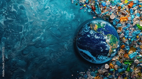 Globe surrounded by plastic waste in ocean