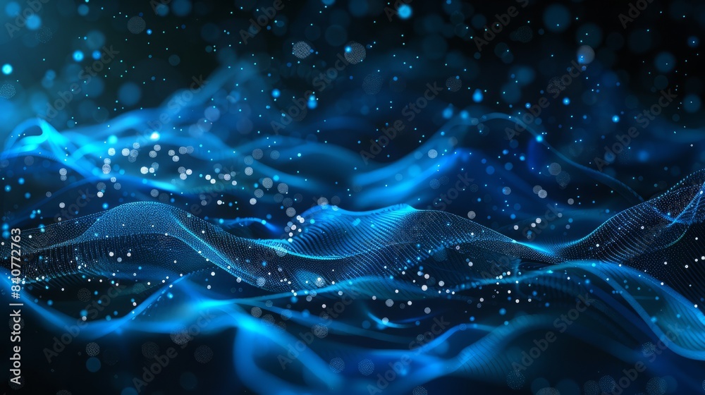 Abstract background with a blue digital mesh and dots on a dark background,blue wave data transfer futuristic technology concept. hyper realistic 