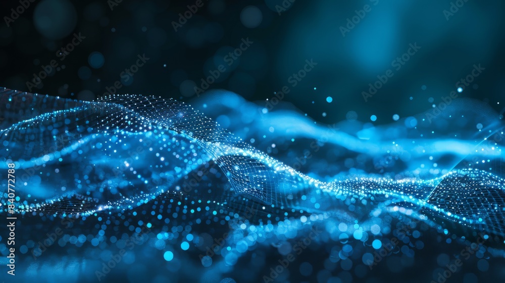 Abstract background with a blue digital mesh and dots on a dark background,blue wave data transfer futuristic technology concept. hyper realistic Abstract background with a blue digital mesh and dots on a dark background,blue wave data transfer futuristic technology concept. hyper realistic
