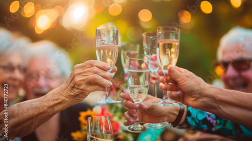 AI generated. Group of seniors toasting with raised hands holding glasses in the field.