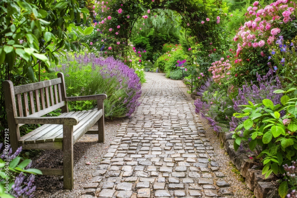 Serene Garden Path with Cobblestone Paving, Lavender, Rose Bushes, and Wooden Bench Serene Garden Path with Cobblestone Paving, Lavender, Rose Bushes, and Wooden Bench